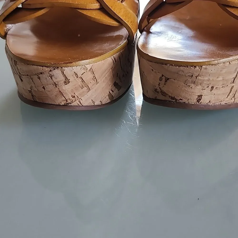Tory Burch Calyca Leather And Cork Boho Chic Retro 70's Disco Vibe Heels‎ Size 9